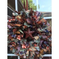 HANDMADE 14" PLAID 4 LAYER RAG WREATH WITH METAL STAR- COUNTRY RUSTIC PRIMITIVE   173427197881